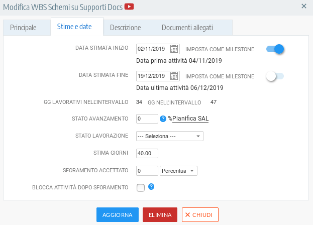 Form di gestione di una attività WBS, tab di pianificazione